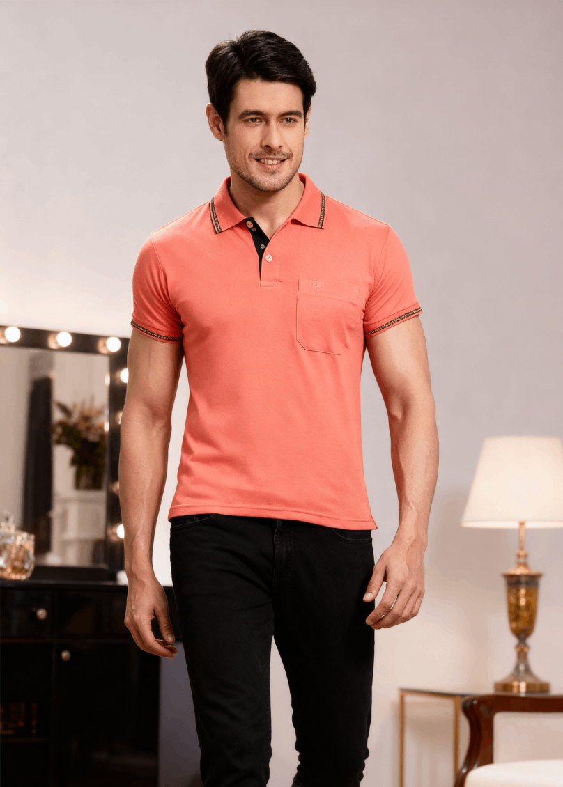 Men's Light Red Polo Collar Cotton Blend T-Shirt