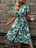 Allover Plants Print Shirred Detail V-Neck Dress 0