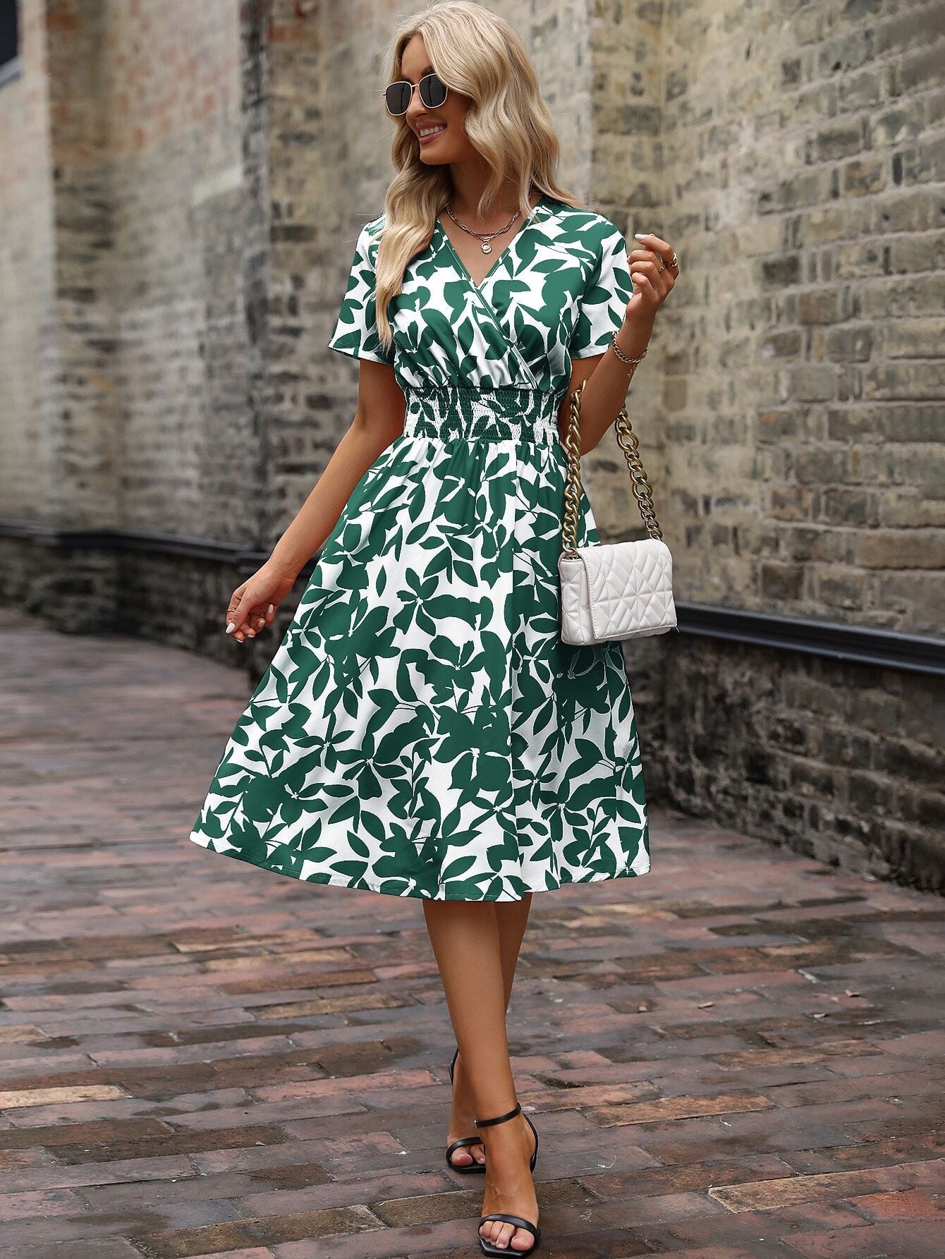 Allover Plants Print Shirred Detail V-Neck Dress 1