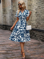 Allover Plants Print Shirred Detail V-Neck Dress 5
