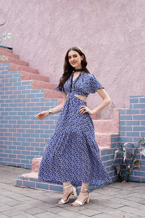 Blue Floral Waist Cut-Out Maxi Dress 1