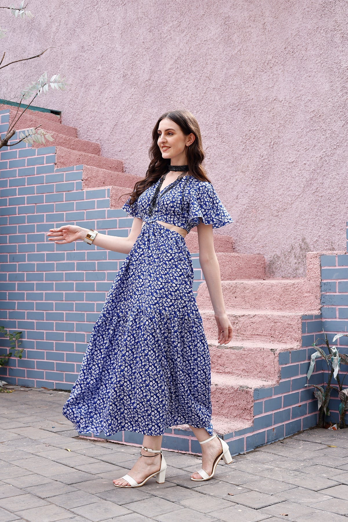 Blue Floral Waist Cut-Out Maxi Dress 3