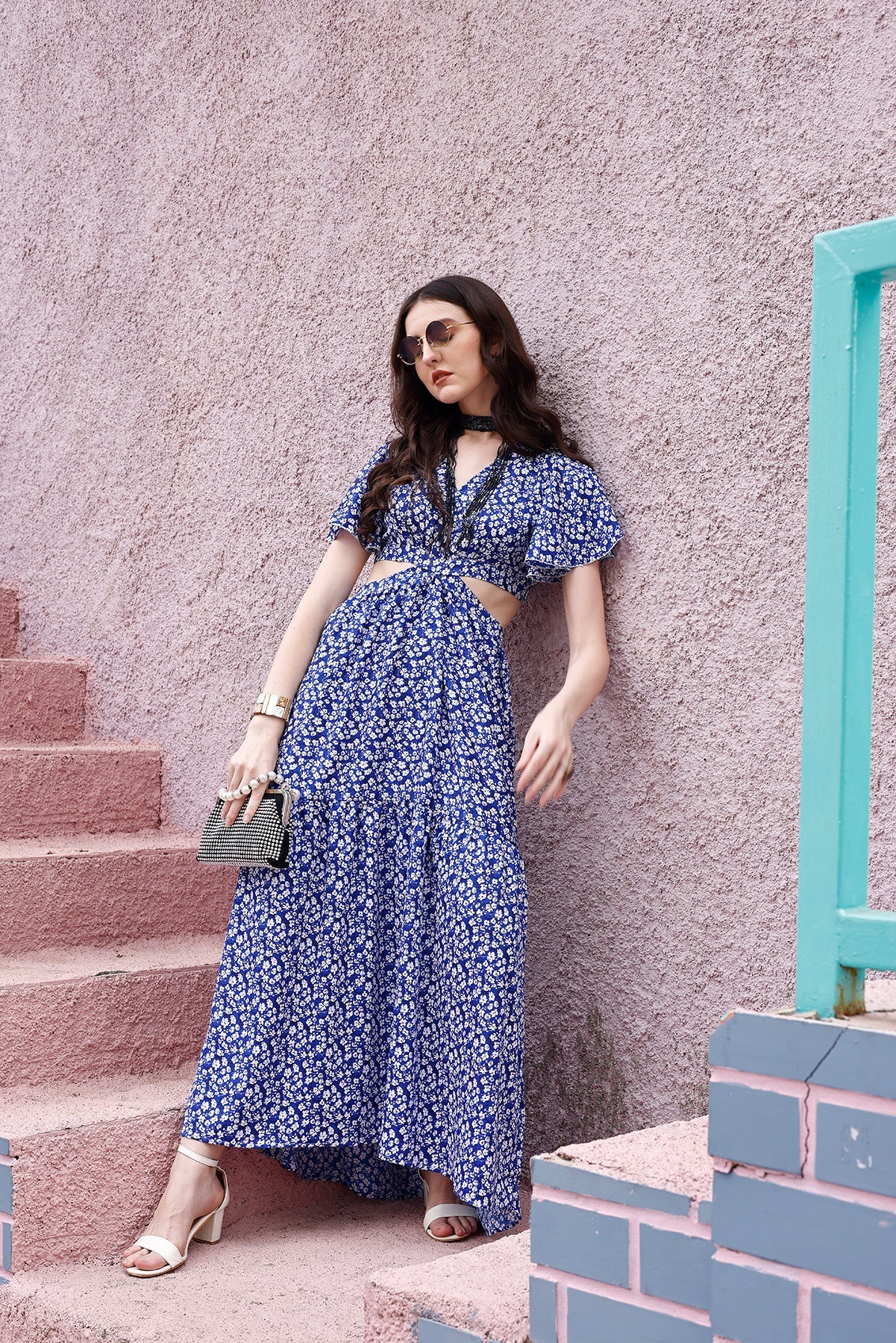 Blue Floral Waist Cut-Out Maxi Dress 5