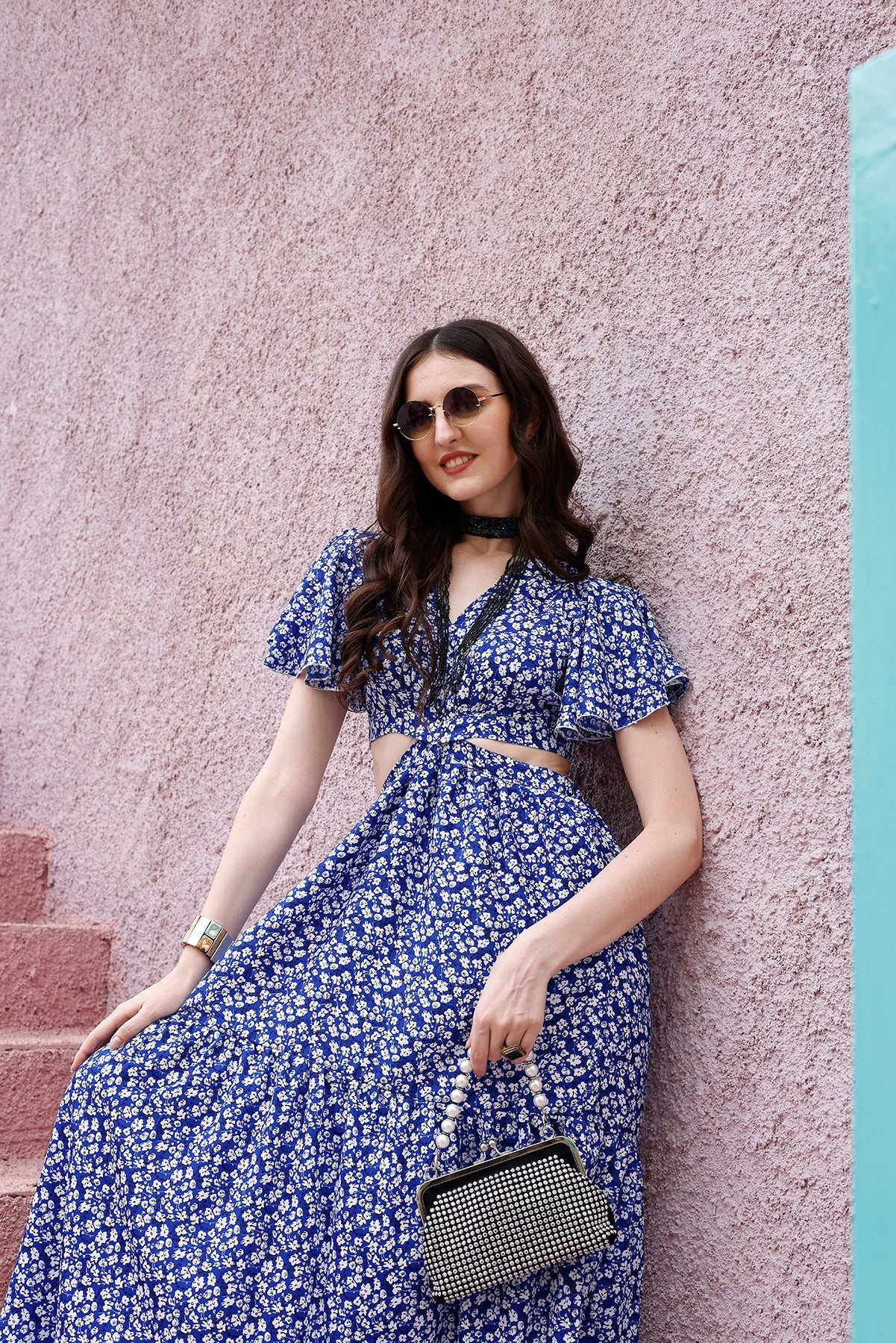 Blue Floral Waist Cut-Out Maxi Dress 7