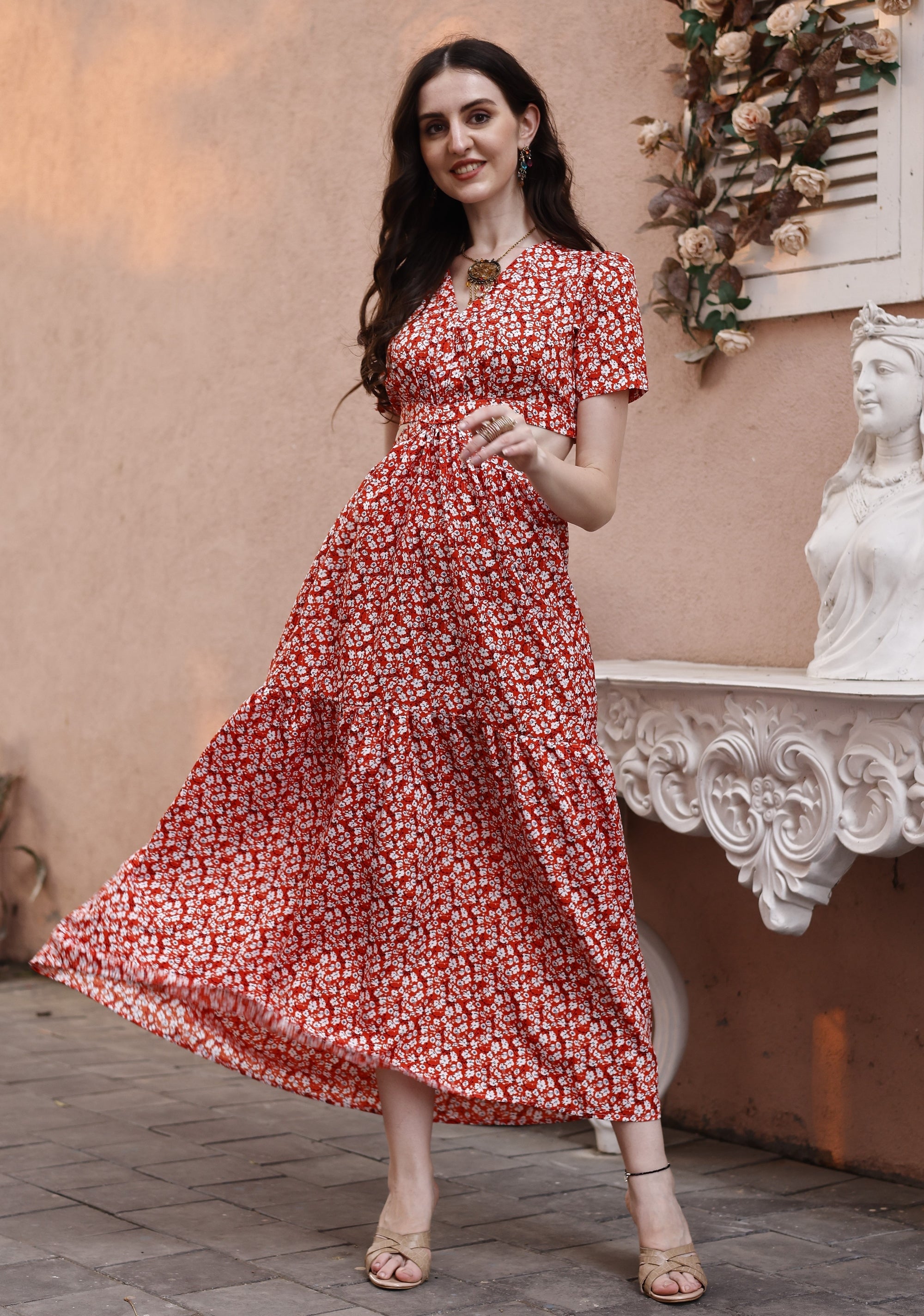 Blue Floral Waist Cut-Out Maxi Dress 8