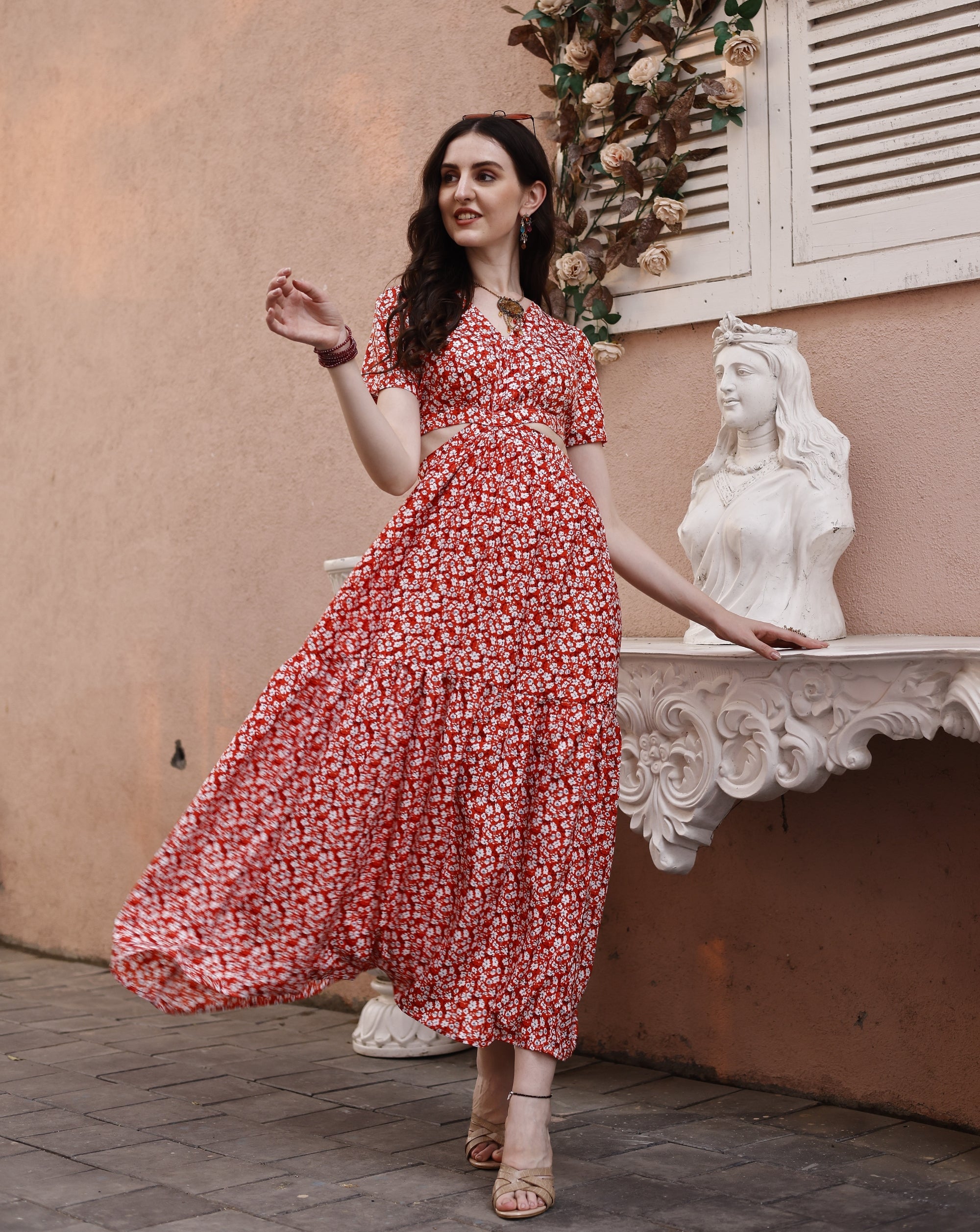 Blue Floral Waist Cut-Out Maxi Dress 9