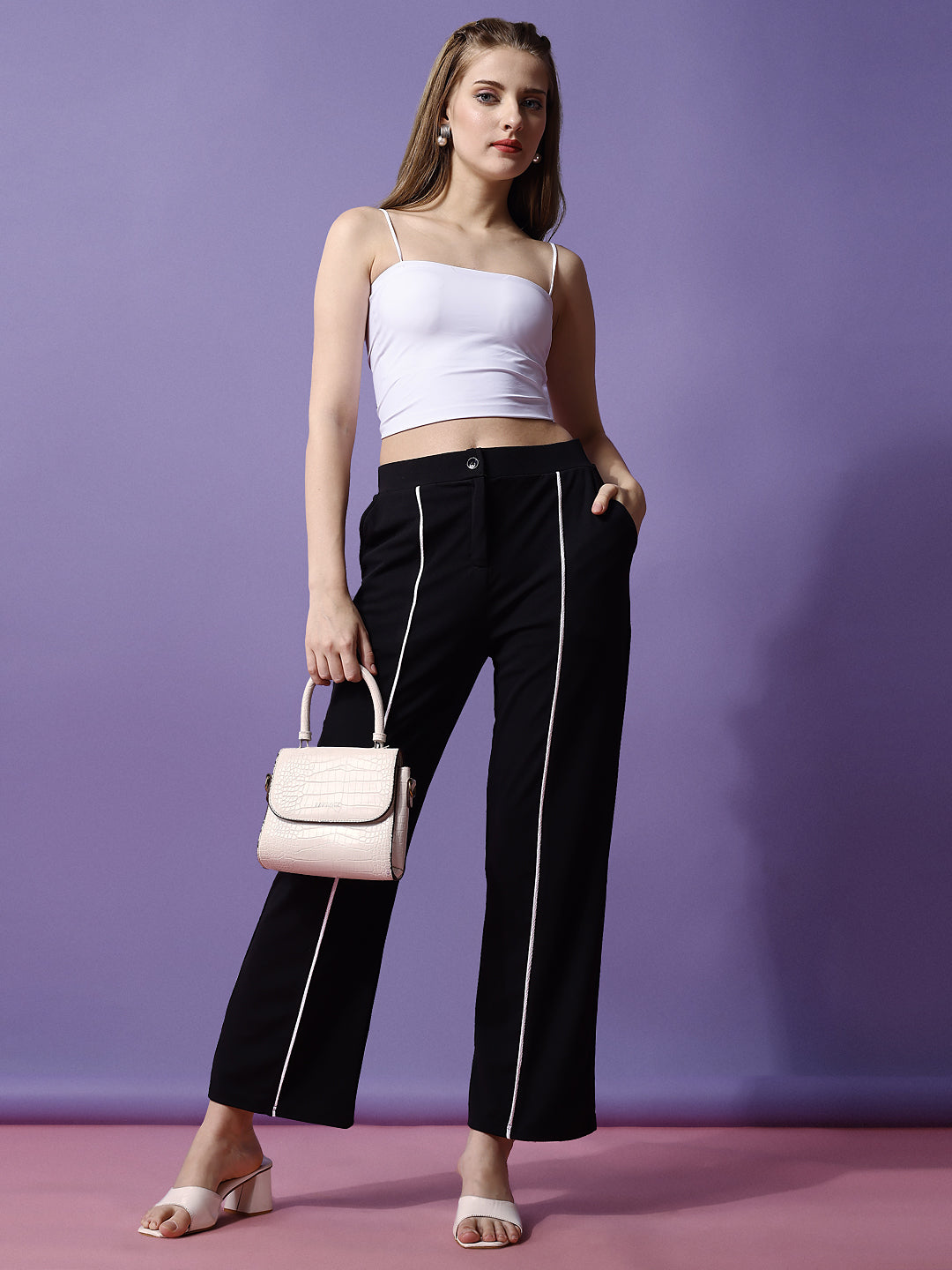 Women's Trousers Black Polycotton with White Stripes High-Rise Ankle Length - 1