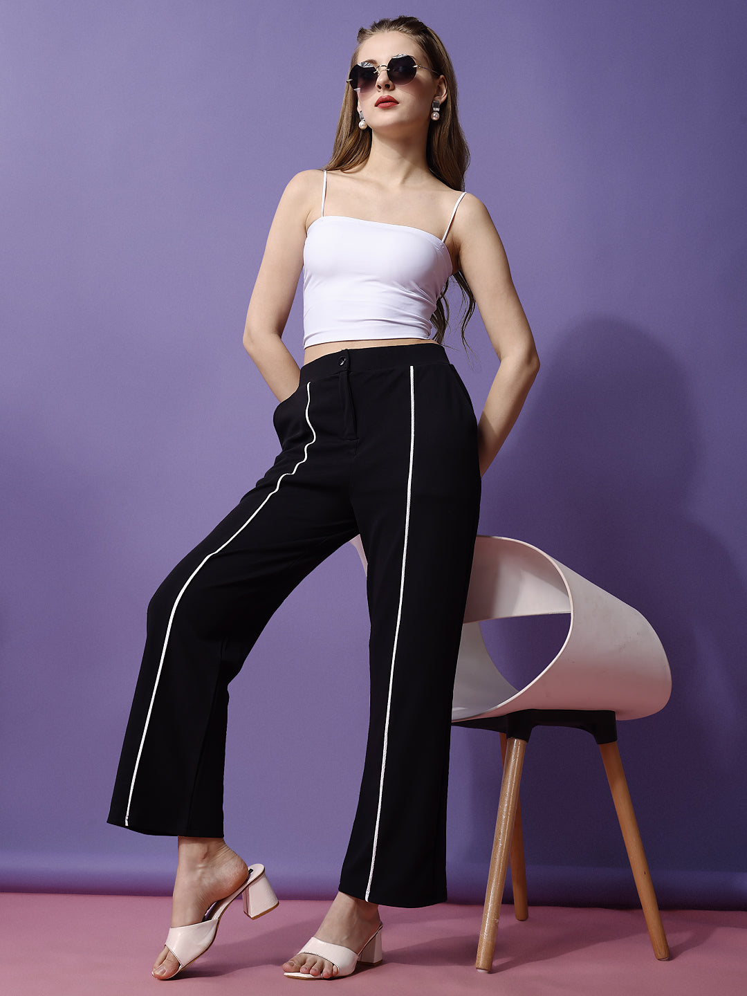 Women's Trousers Black Polycotton with White Stripes High-Rise Ankle Length - 2