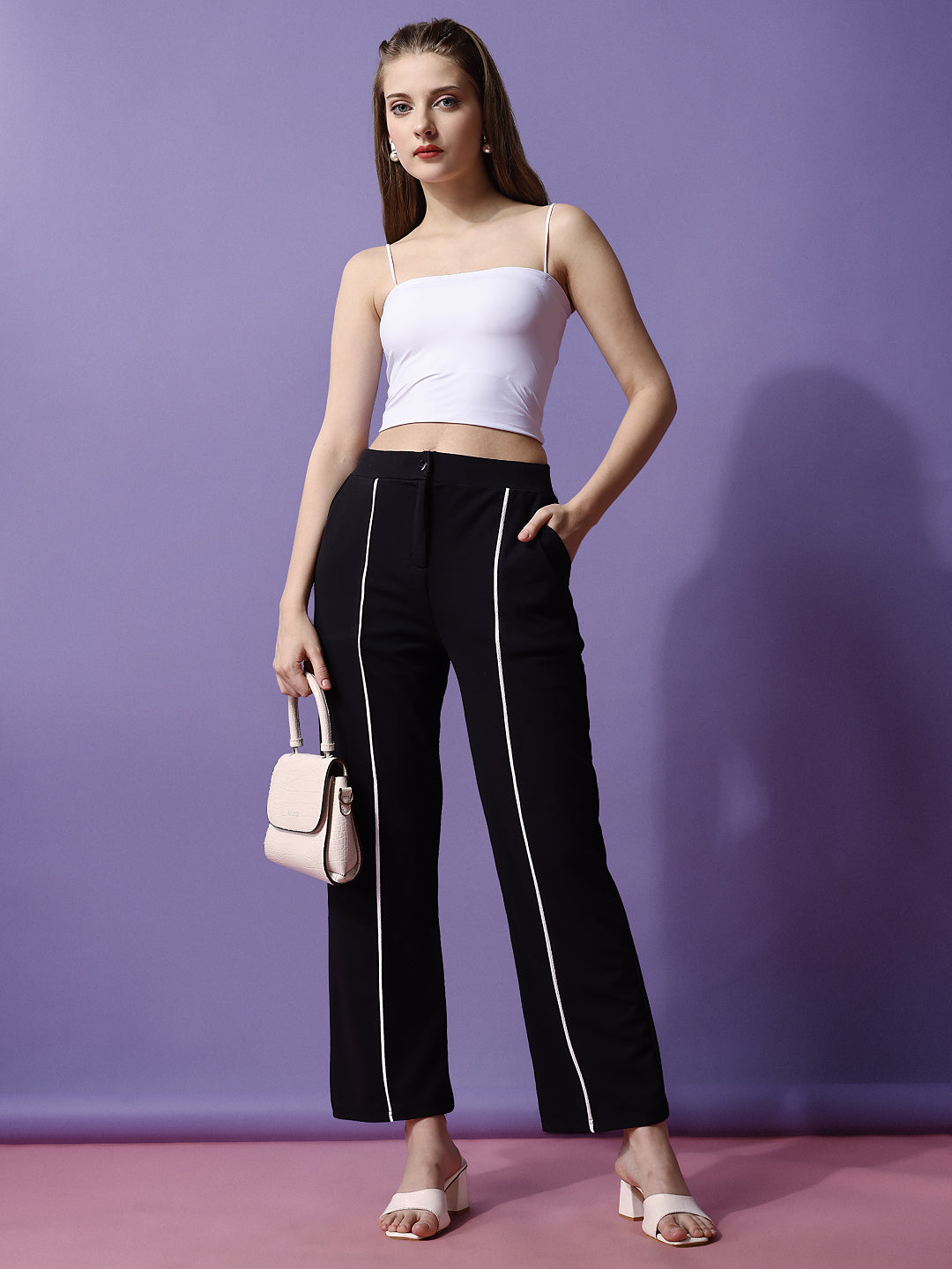 Women's Trousers Black Polycotton with White Stripes High-Rise Ankle Length - 3