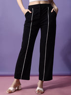 Women's Trousers Black Polycotton with White Stripes High-Rise Ankle Length - 5