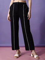 Women's Trousers Black Polycotton with White Stripes High-Rise Ankle Length - 6