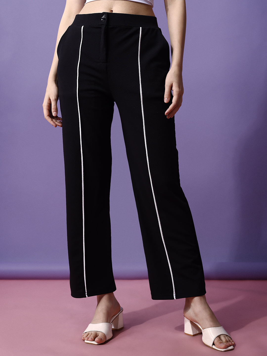 Women's Trousers Black Polycotton with White Stripes High-Rise Ankle Length - 6