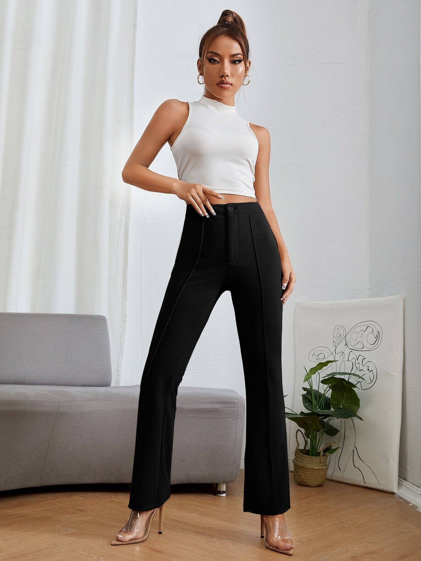 Women's Trousers Black Polycotton High Rise Regular Fit Ankle Length - 1