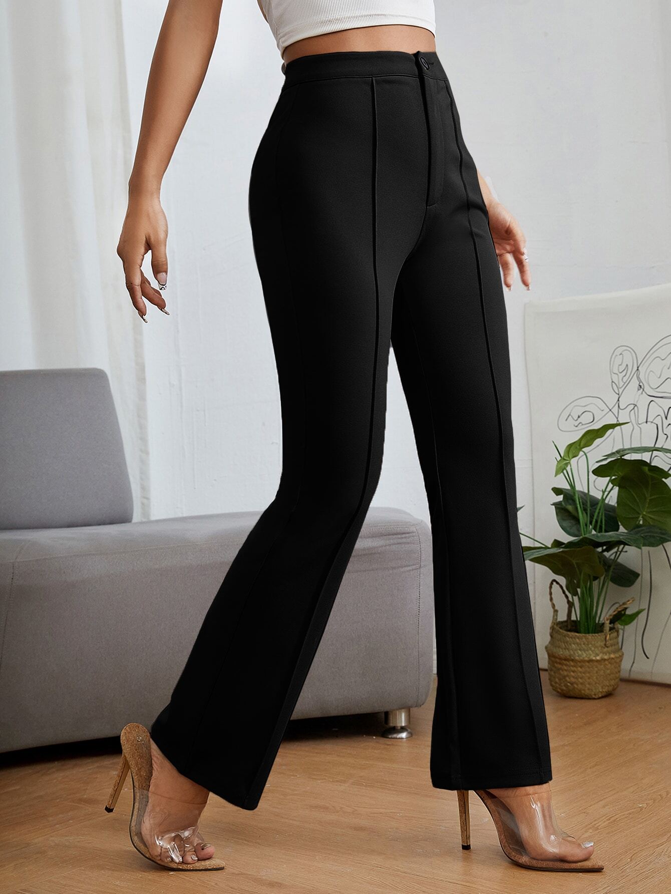Women's Trousers Black Polycotton High Rise Regular Fit Ankle Length - 2