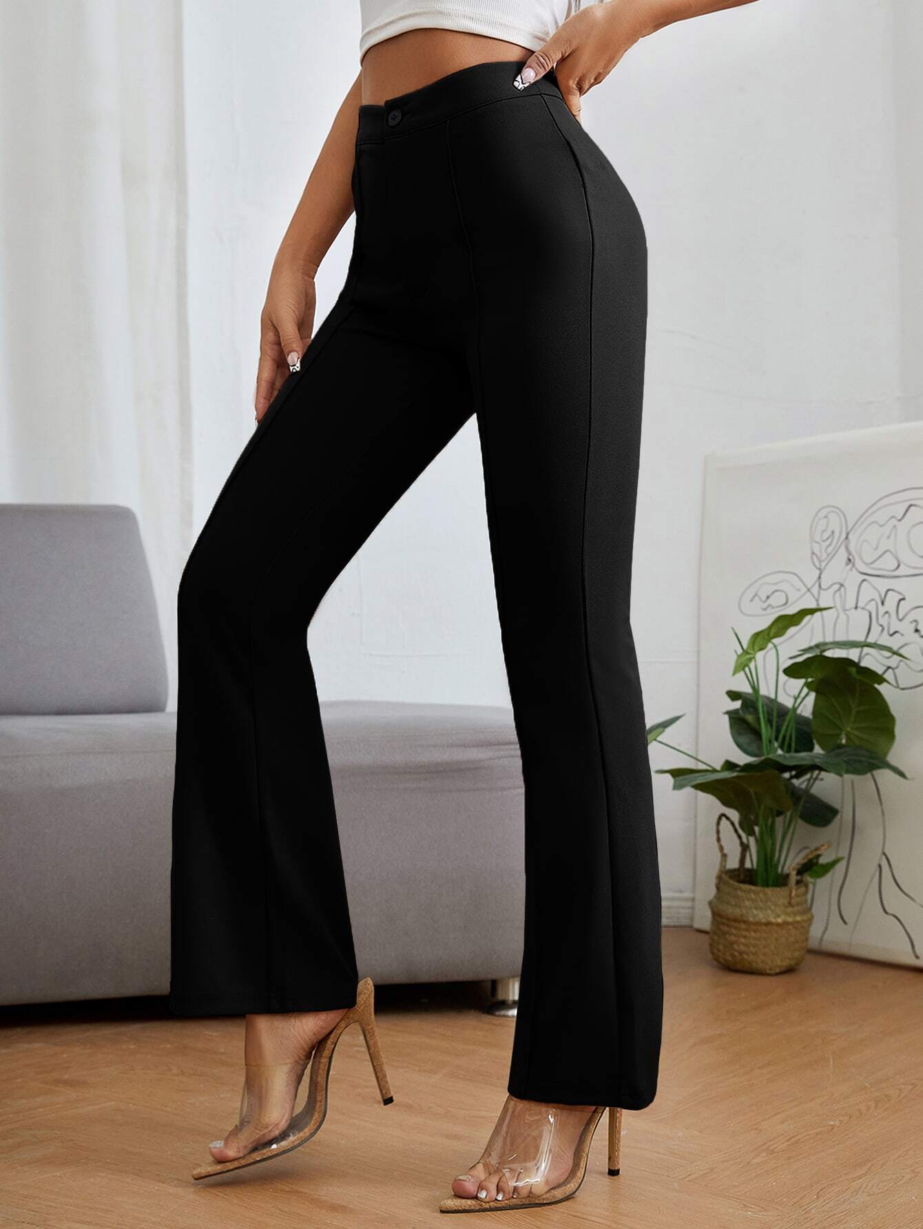 Women's Trousers Black Polycotton High Rise Regular Fit Ankle Length - 3