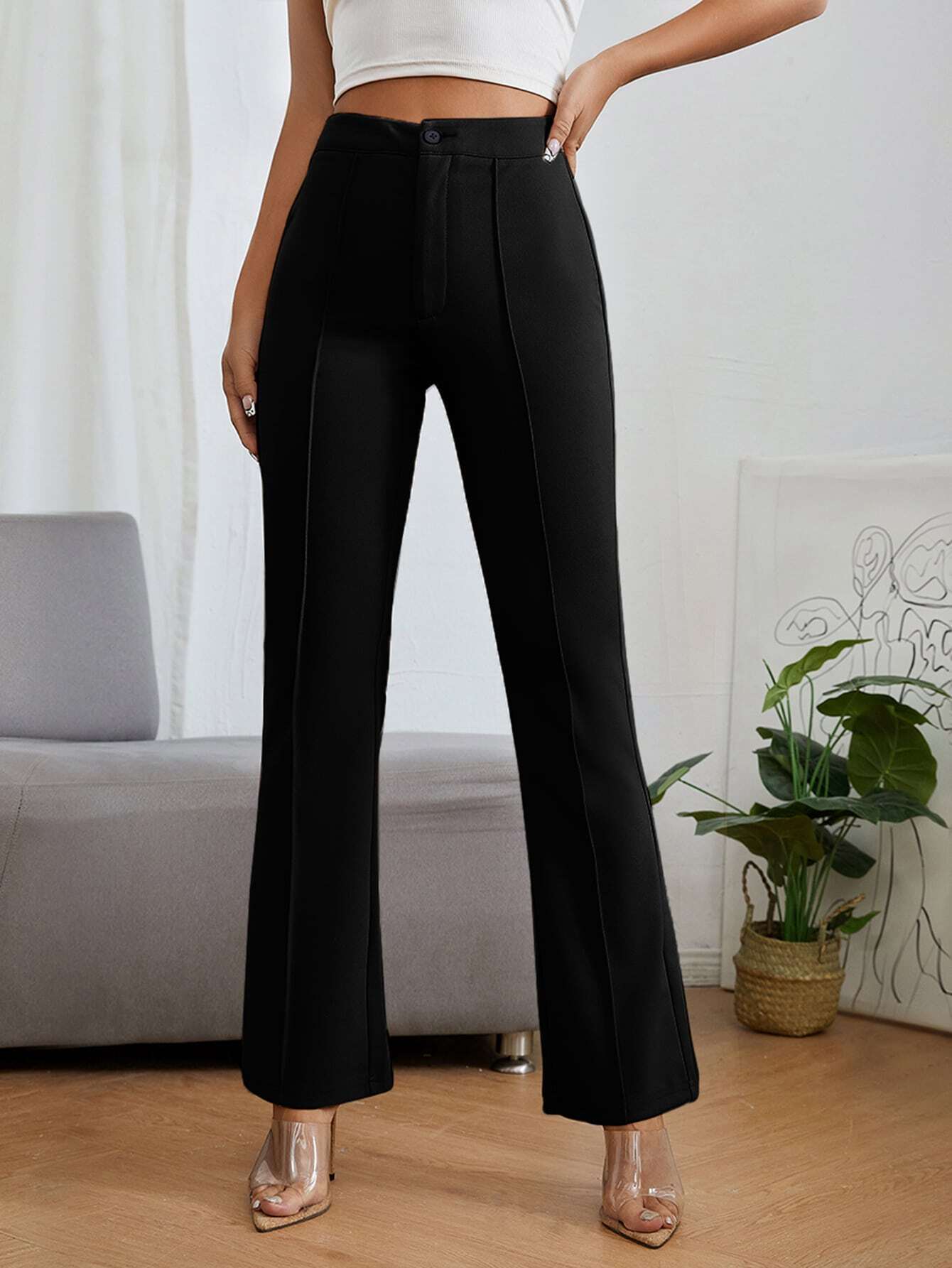 Women's Trousers Black Polycotton High Rise Regular Fit Ankle Length - 5