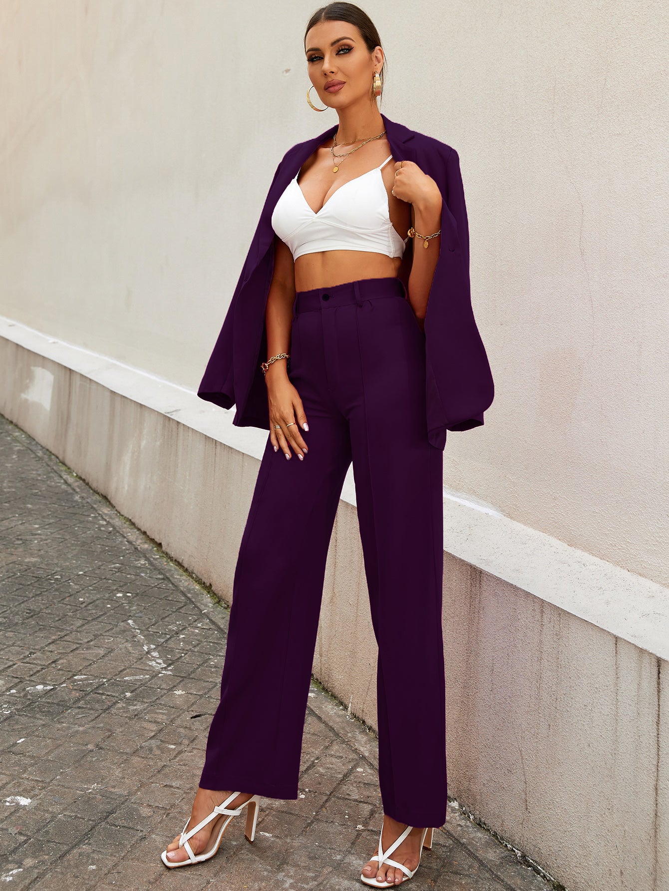 Women's Trousers Purple Polycotton High Rise Ankle Length Regular Fit - 2