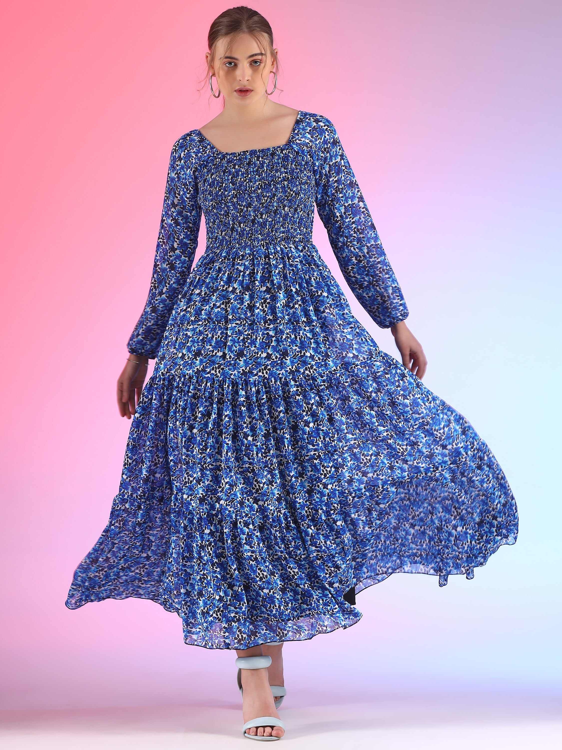 Elegant Floral Printed Georgette Fit and Flare Maxi Dress 0