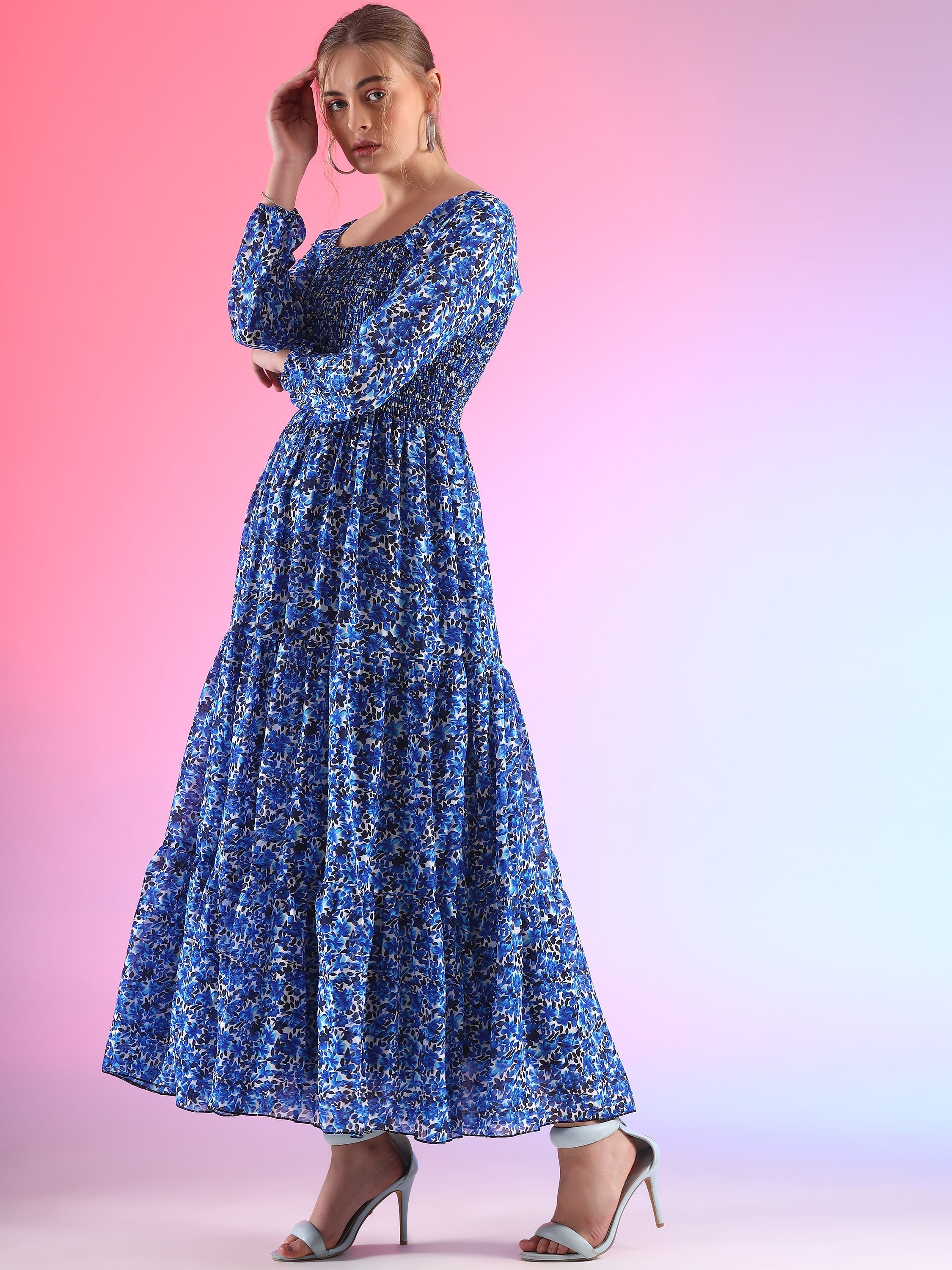 Elegant Floral Printed Georgette Fit and Flare Maxi Dress 1