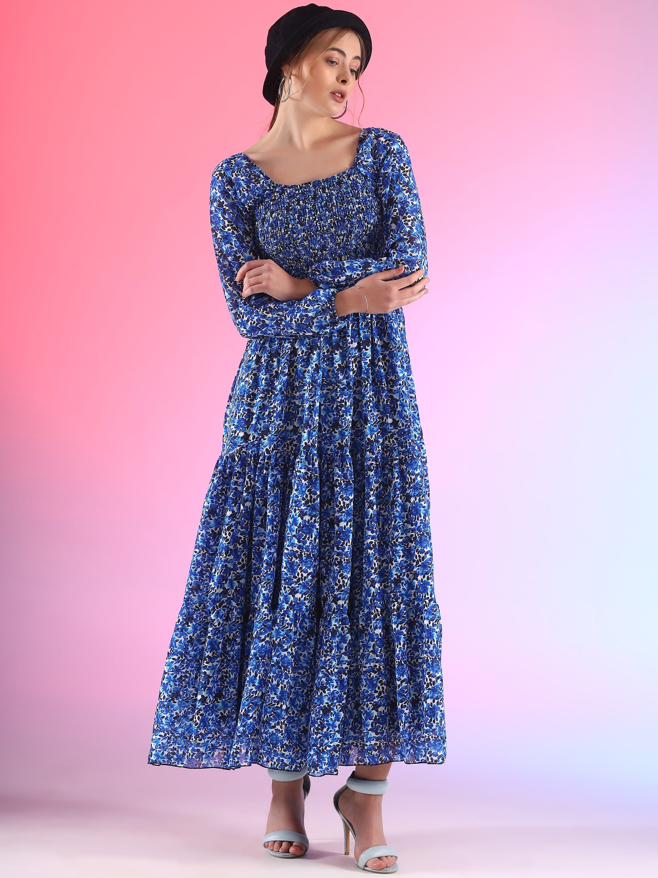 Elegant Floral Printed Georgette Fit and Flare Maxi Dress 3