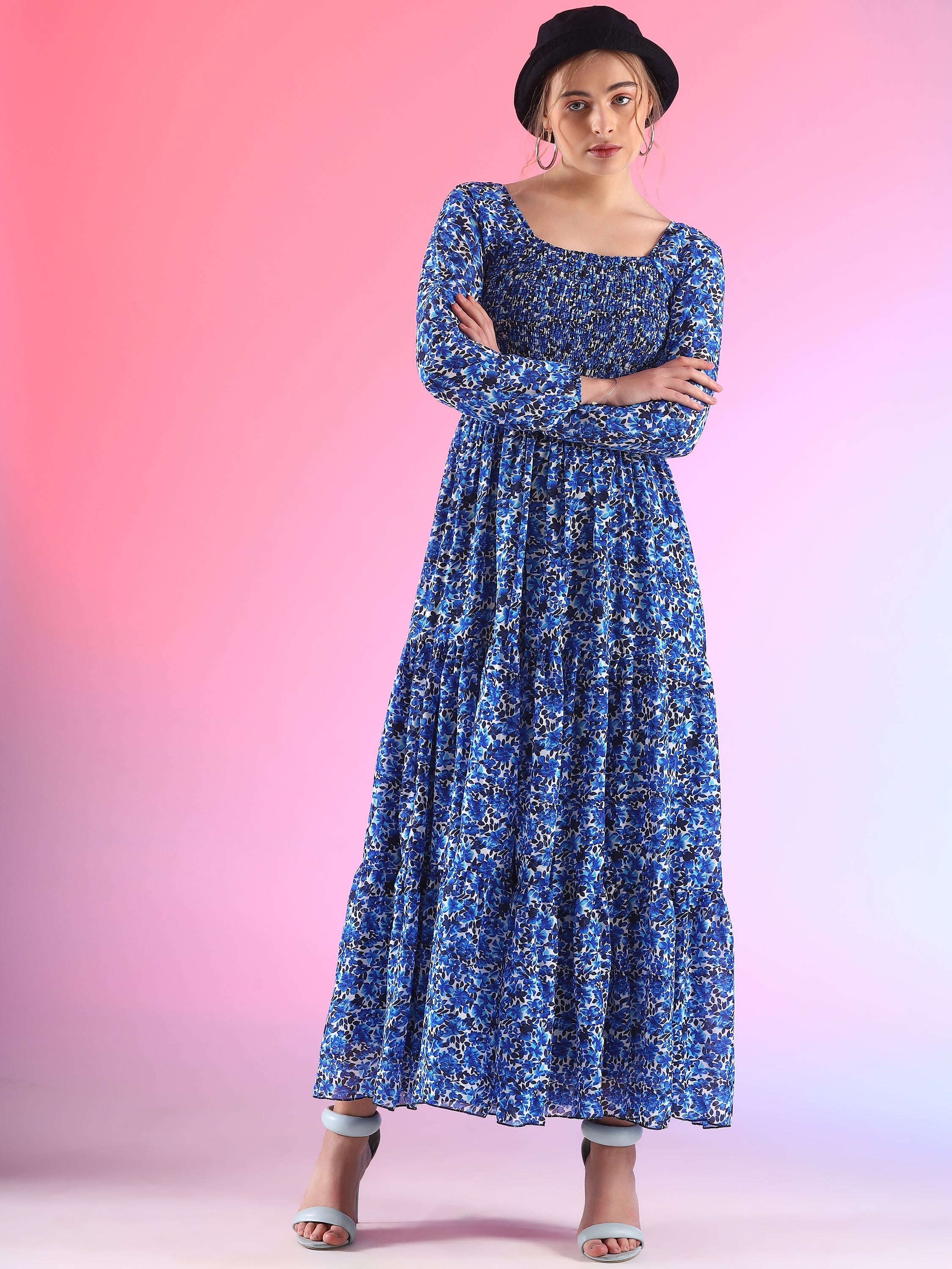 Elegant Floral Printed Georgette Fit and Flare Maxi Dress 4