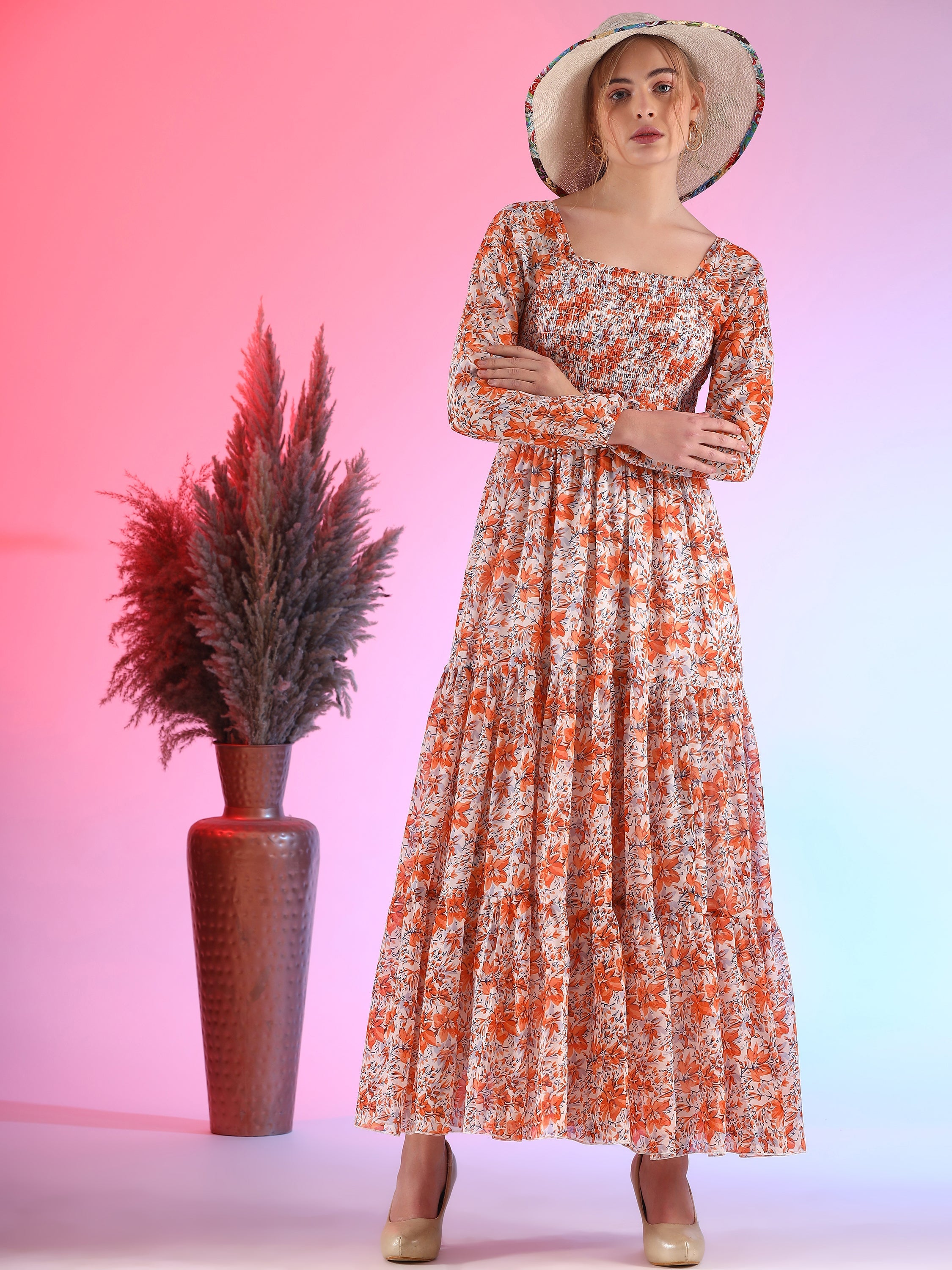 Elegant Floral Printed Georgette Fit and Flare Maxi Dress 6