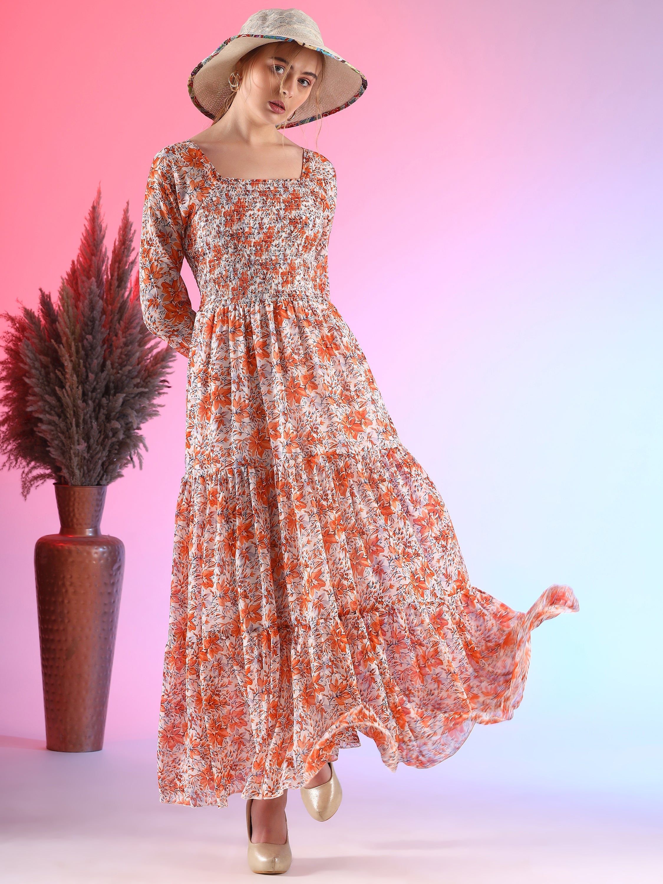 Elegant Floral Printed Georgette Fit and Flare Maxi Dress 7