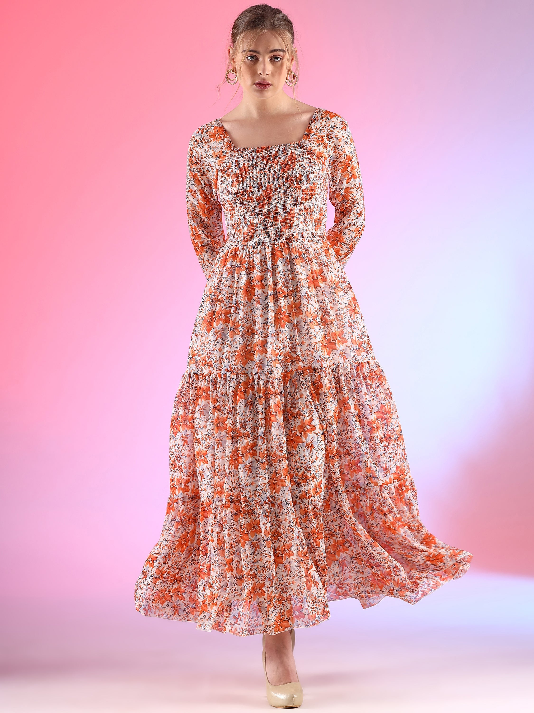 Elegant Floral Printed Georgette Fit and Flare Maxi Dress 8