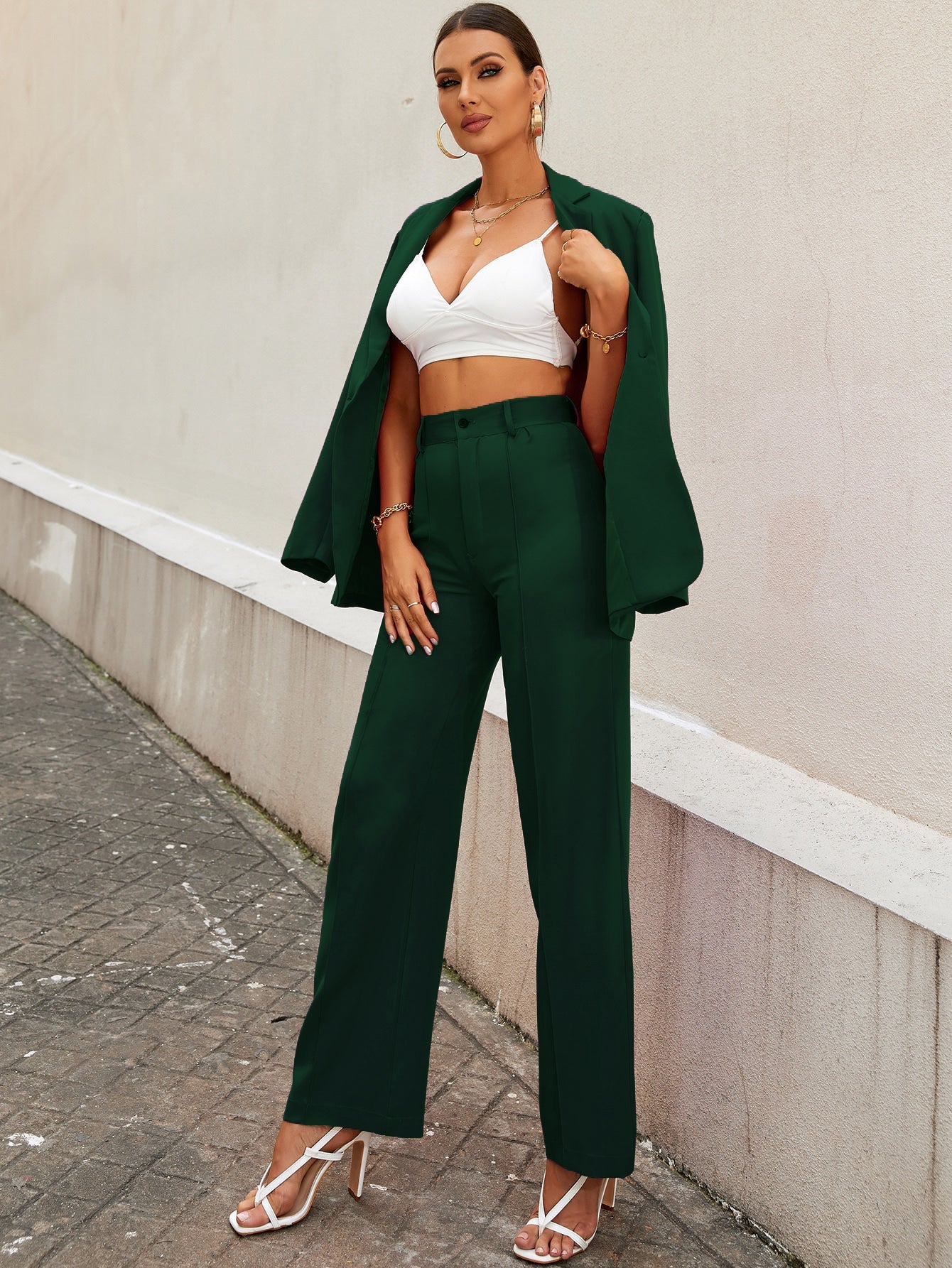Women's Trousers Green High Rise Polycotton Ankle Length - 2