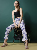 Women's Palazzo Pants White and Blue Polycotton High-Rise Trousers - 1