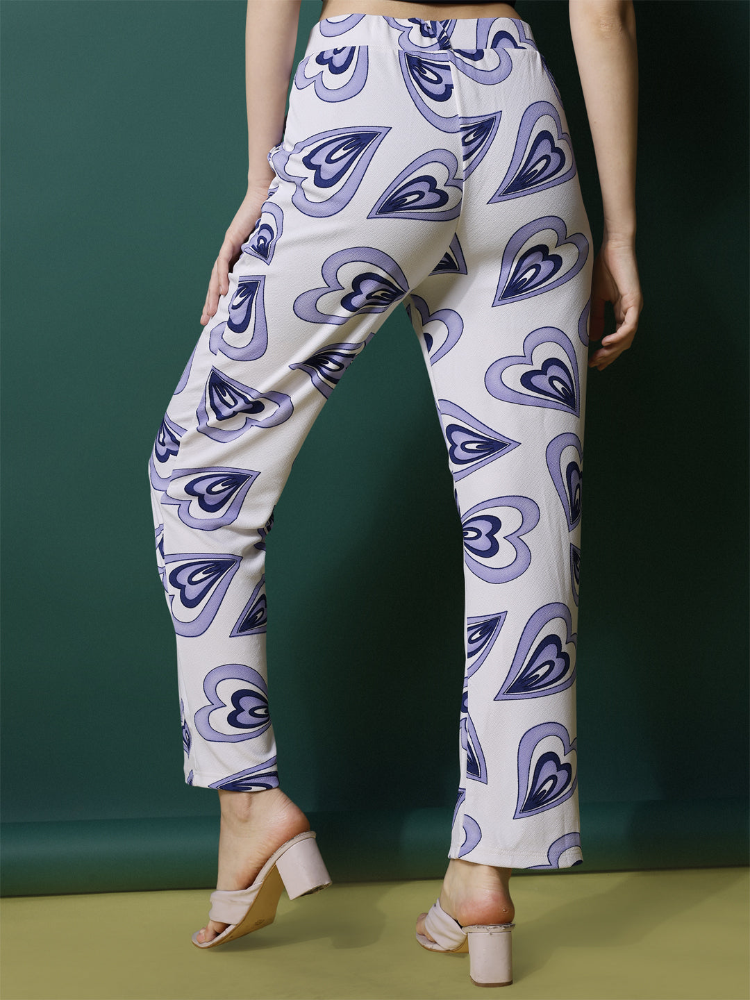 Women's Palazzo Pants White and Blue Polycotton High-Rise Trousers - 2