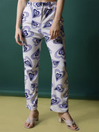 Women's Palazzo Pants White and Blue Polycotton High-Rise Trousers - 4