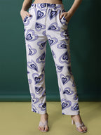 Women's Palazzo Pants White and Blue Polycotton High-Rise Trousers - 5