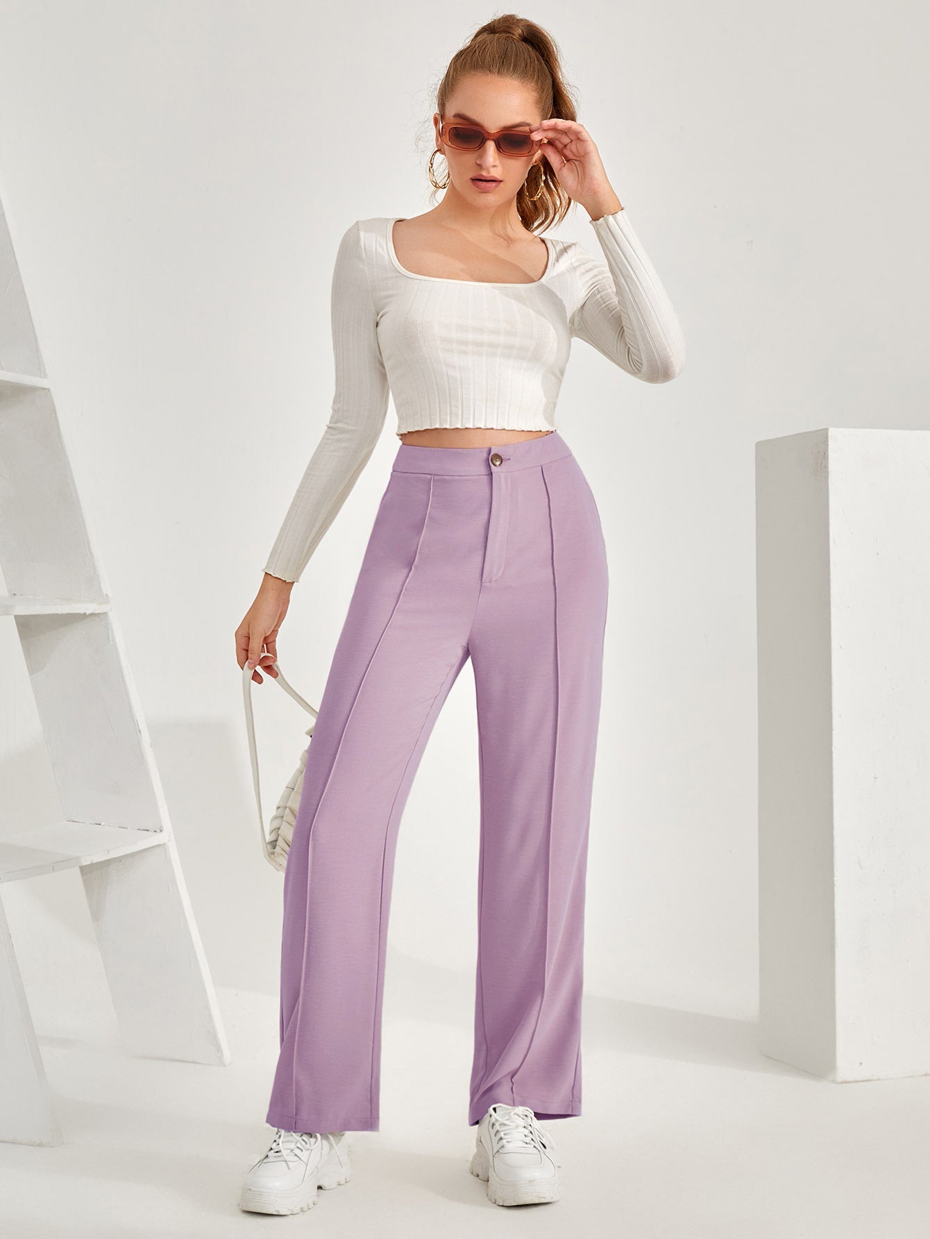 Women's Trousers Light Purple Polycotton High Rise Ankle Length - 1