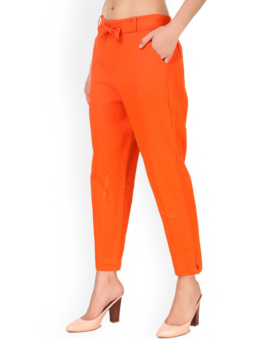 Women's Cropped Pants Orange High-Rise Regular Fit Knitted - 3