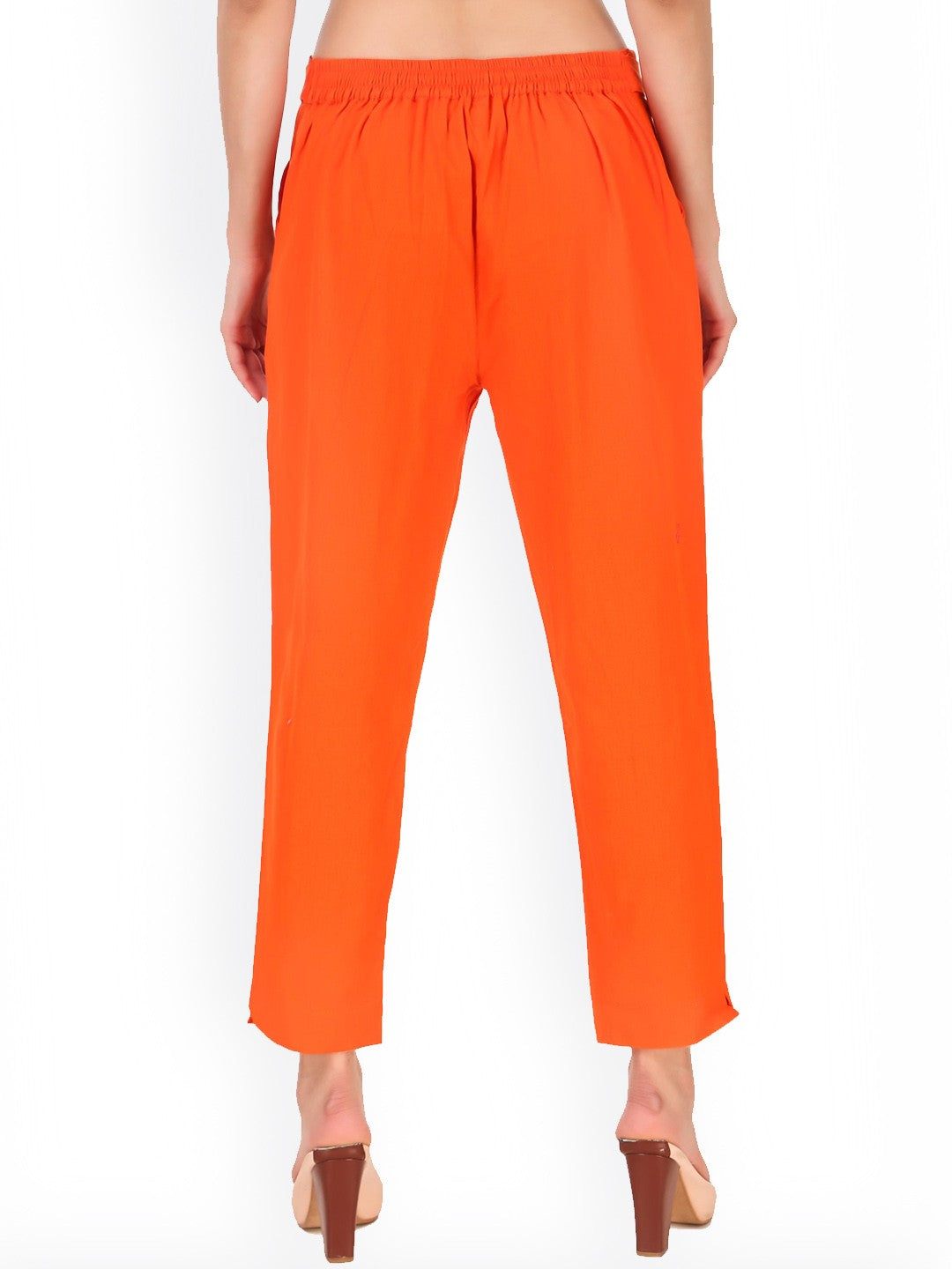 Women's Cropped Pants Orange High-Rise Regular Fit Knitted - 4