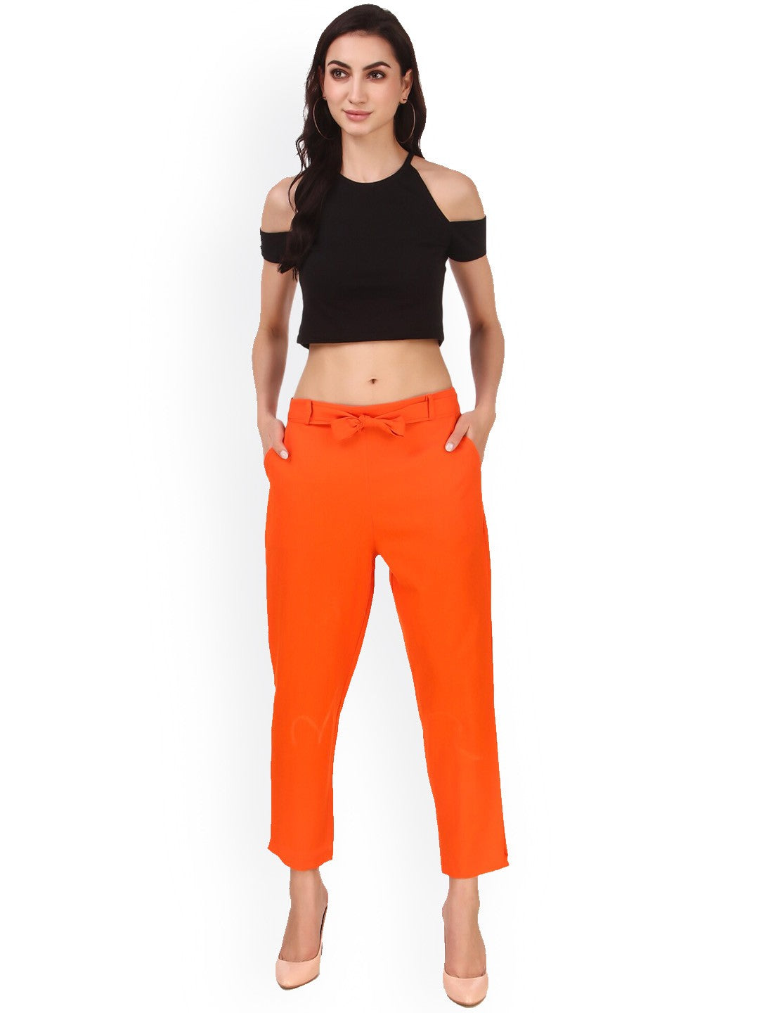 Women's Cropped Pants Orange High-Rise Regular Fit Knitted - 5