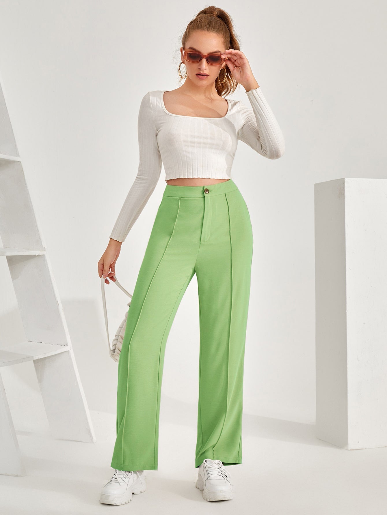 Women's Trousers Pista Green High Rise Polycotton Ankle Length - 2