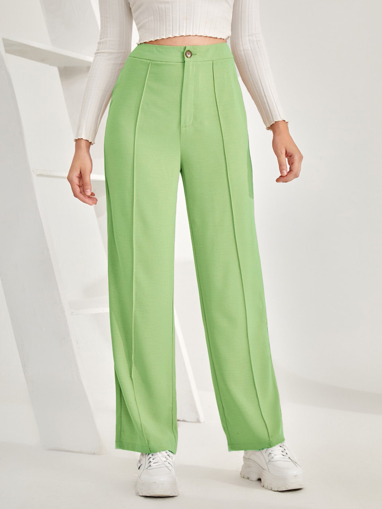 Women's Trousers Pista Green High Rise Polycotton Ankle Length - 5