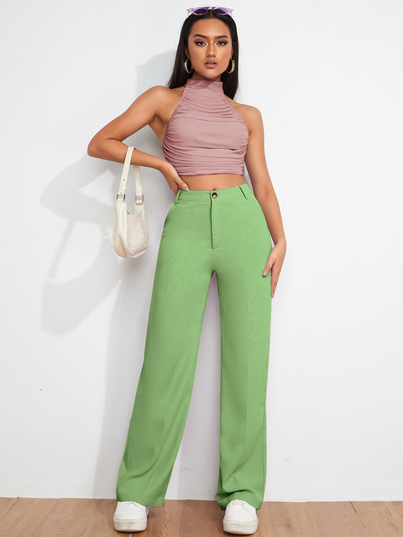 Women's Trousers Pista Green Polycotton Regular Fit Ankle Length - 2