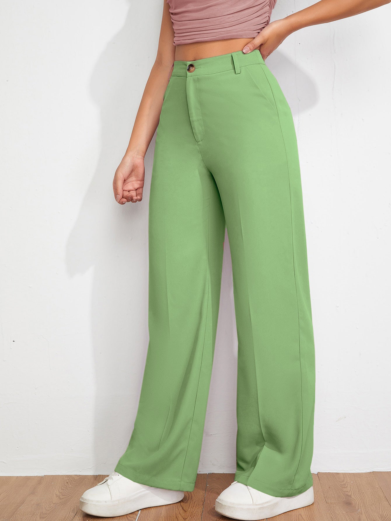 Women's Trousers Pista Green Polycotton Regular Fit Ankle Length - 3