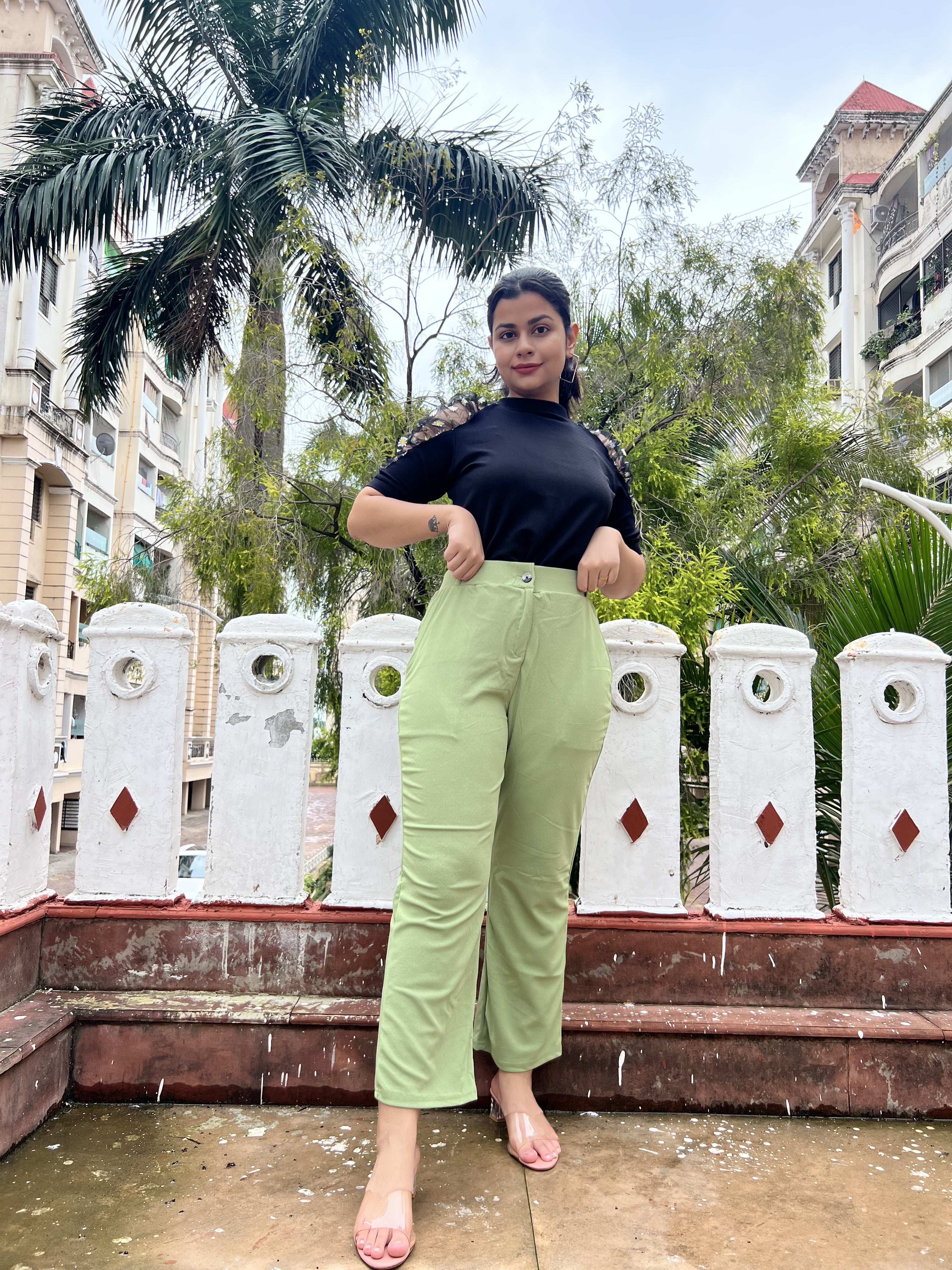 Women's Trousers Pista Green Polycotton Regular Fit Ankle Length - 7