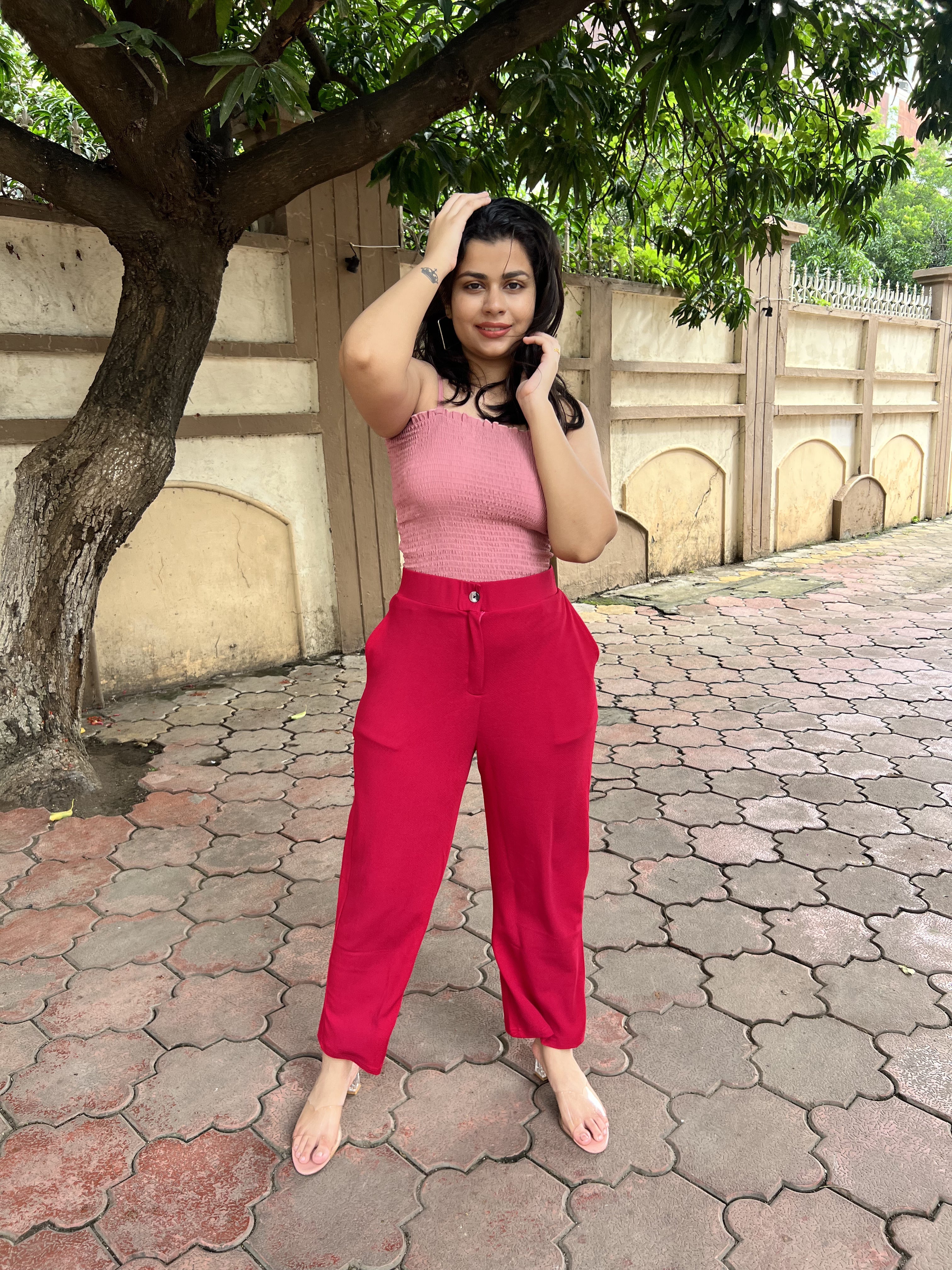 Women's Trousers Pink High Rise Polycotton Textured Regular Fit - 1
