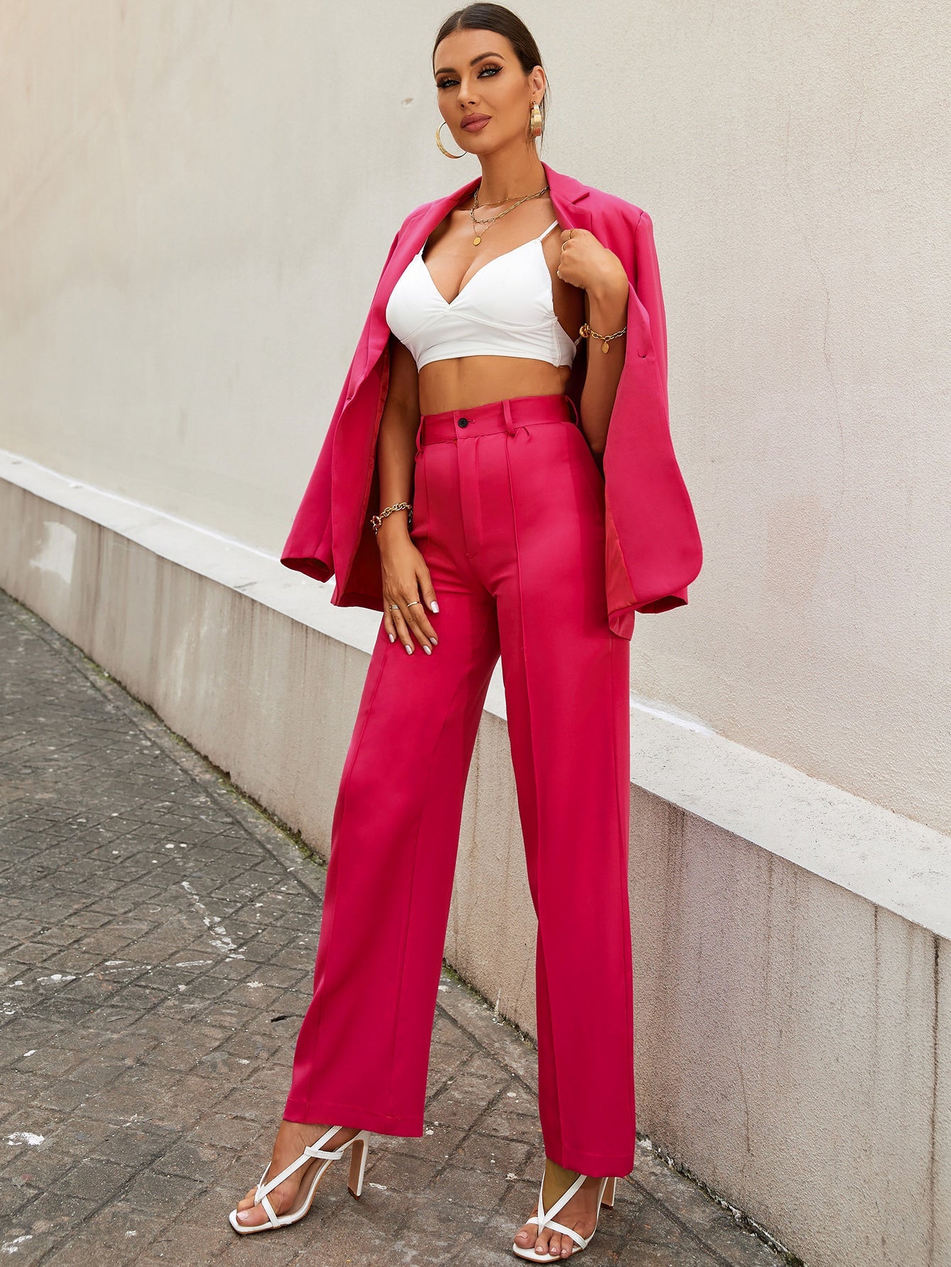 Women's Trousers Pink High Rise Polycotton Textured Regular Fit - 2