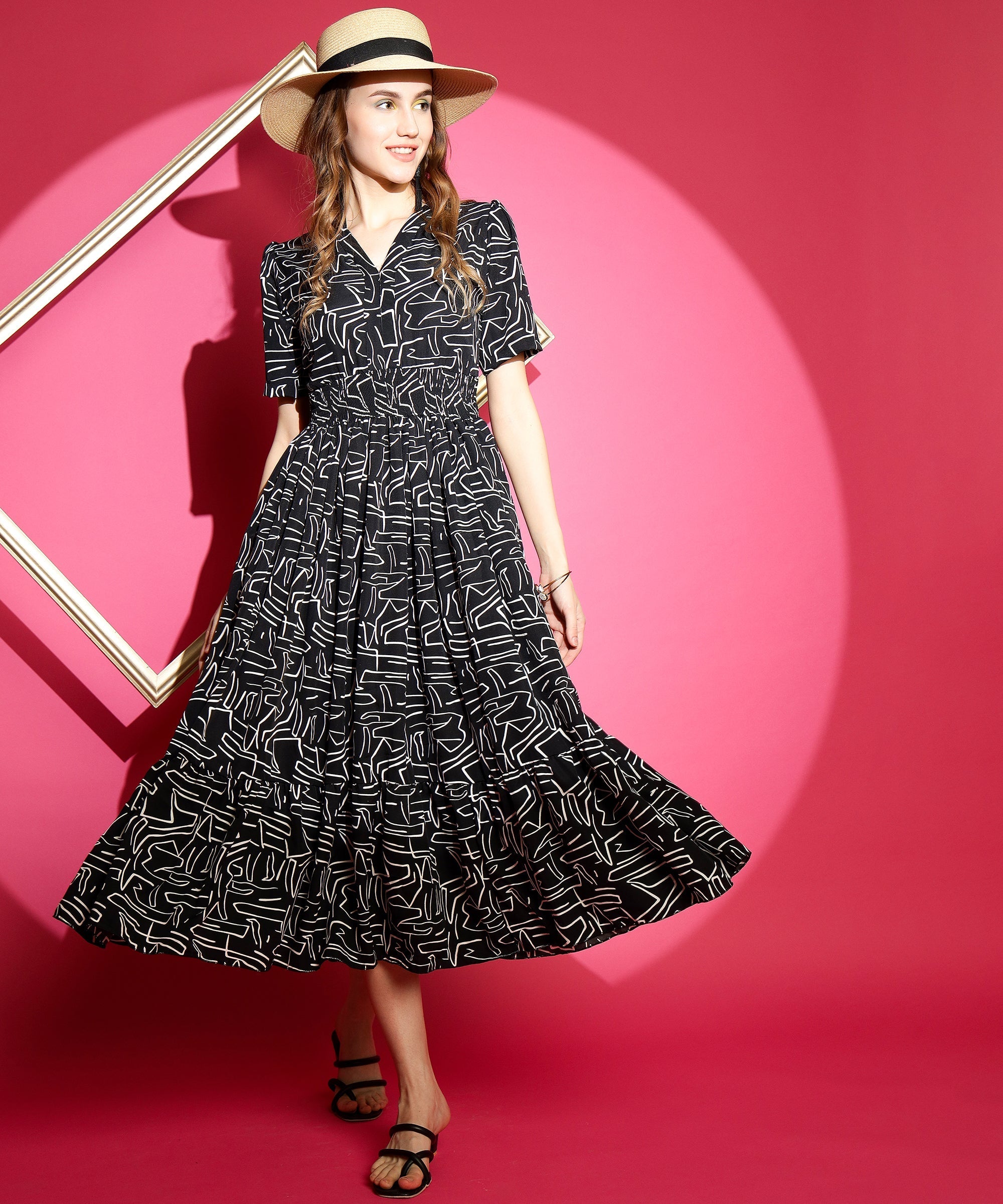 Printed Half Sleeve Fit and Flare Maxi Dress 0
