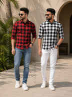 Men's Premium Checked Casual Shirts Black and Red Combo of 2