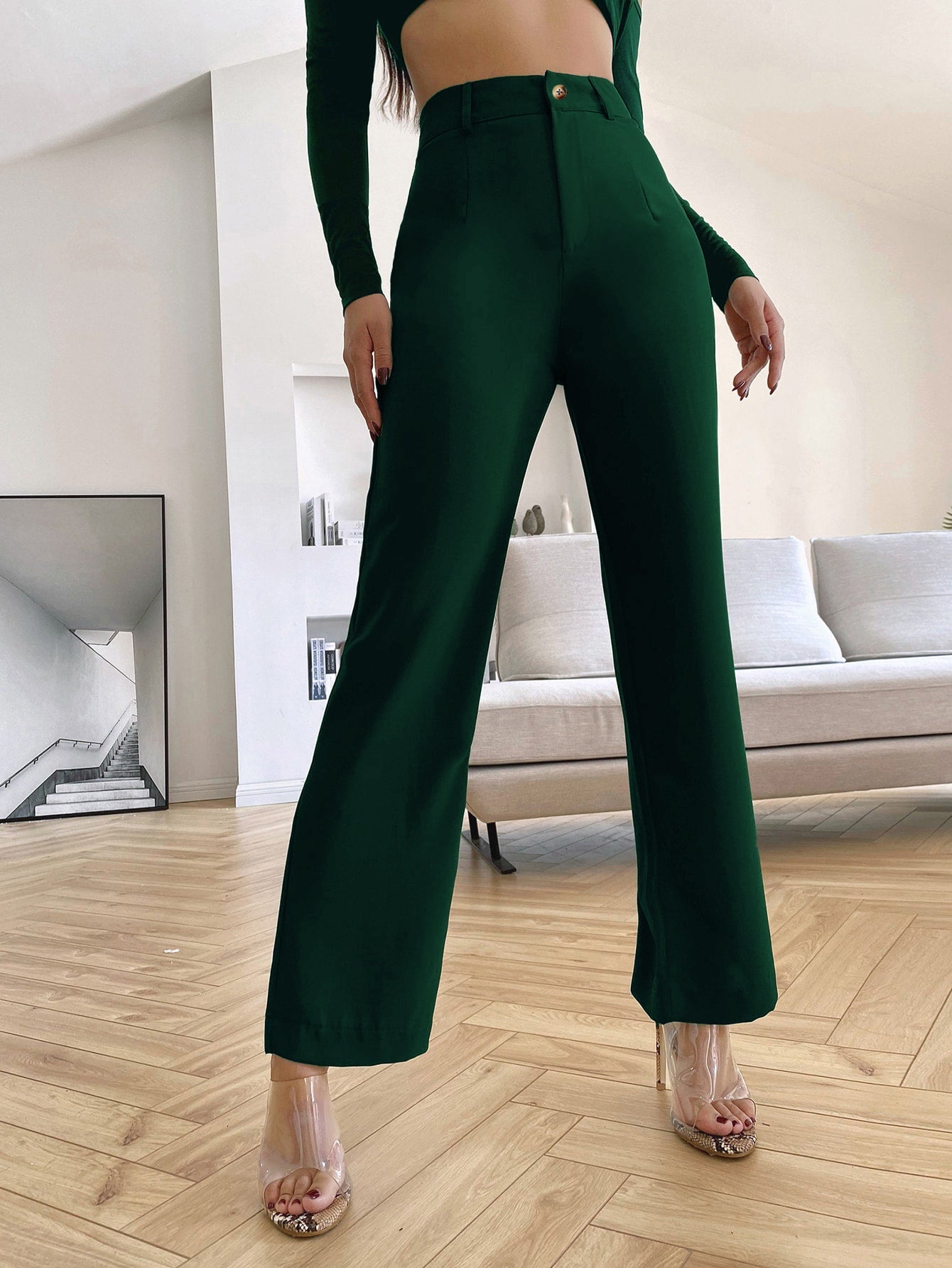 Women's Trousers Rustic Green Polycotton High Rise Bootcut - 4