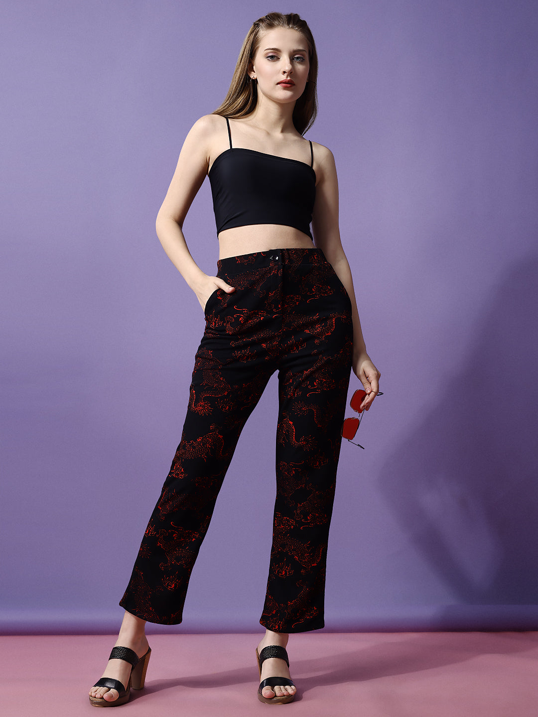 Women's High-Rise Trousers Black Polycotton - 2