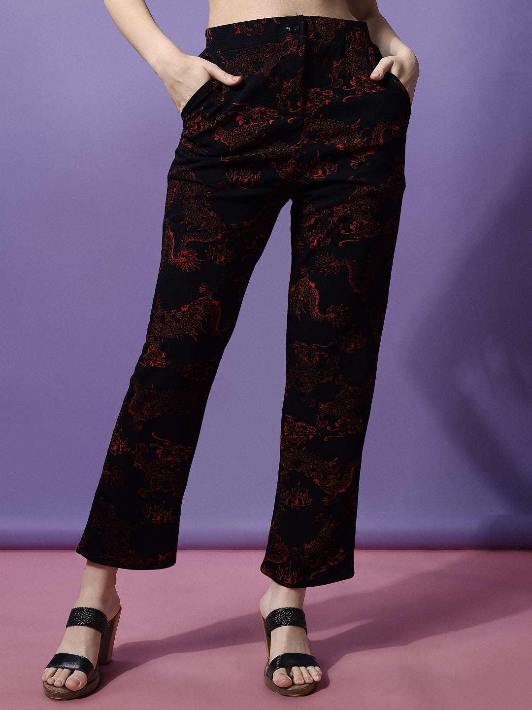 Women's High-Rise Trousers Black Polycotton - 6