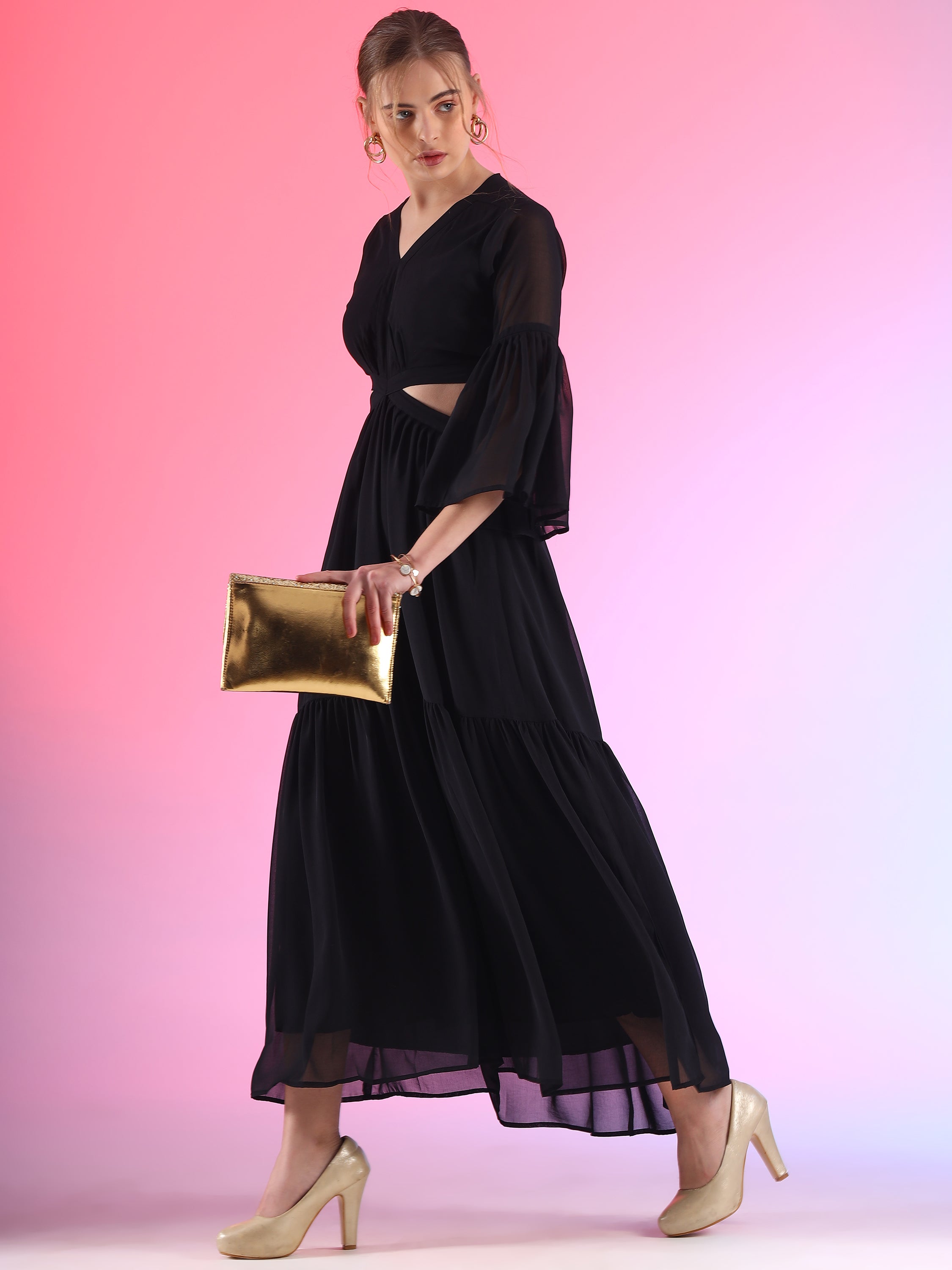 Trendset Solid Georgette Fit and Flare Waist Cut out Maxi Dress 1